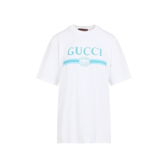 Gucci Crew Neck T-Shirt With Light Blue Logo And Stripe Design - NWT - Picture 1 of 3